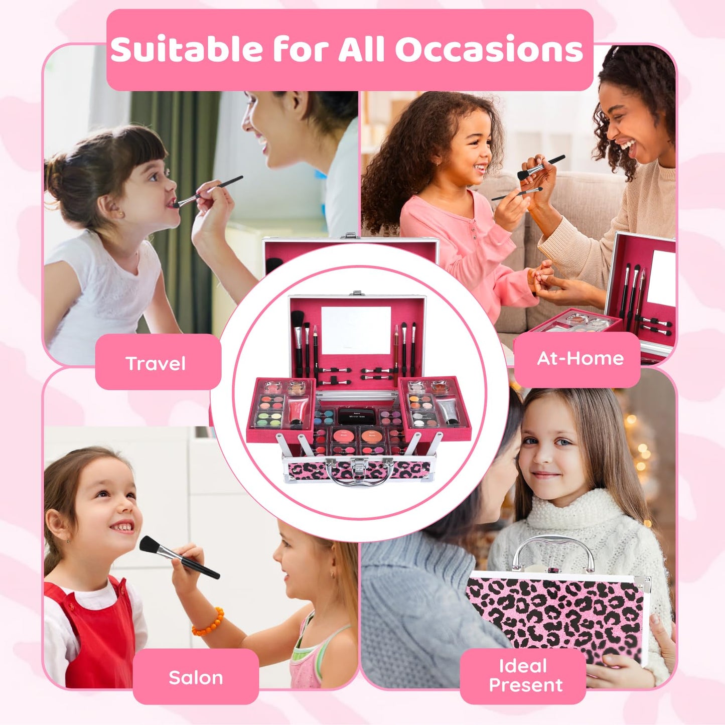 Anpro All-In-One Leopord Double Folding Makeup Kit with Case, Pro Teen Makeup Set, Full Starter Kit with Makeup Brushes, Lipsticks, Eyeshadow Palette, Blushes, Glitter Gel, Ideal Present for Girls