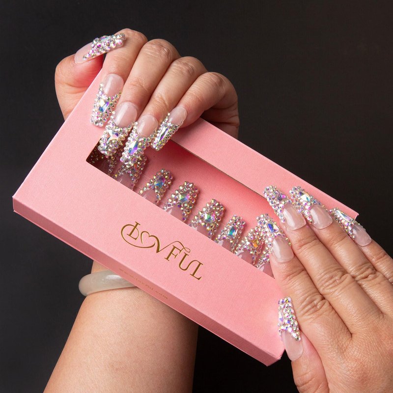 LOVFUL Press on Nails Angel's Tear Rhinestone | Handmade with Full Covered Crystals | Reusable Full Cover Nails | Coffin Classic Regular 1.3 in | H48-S