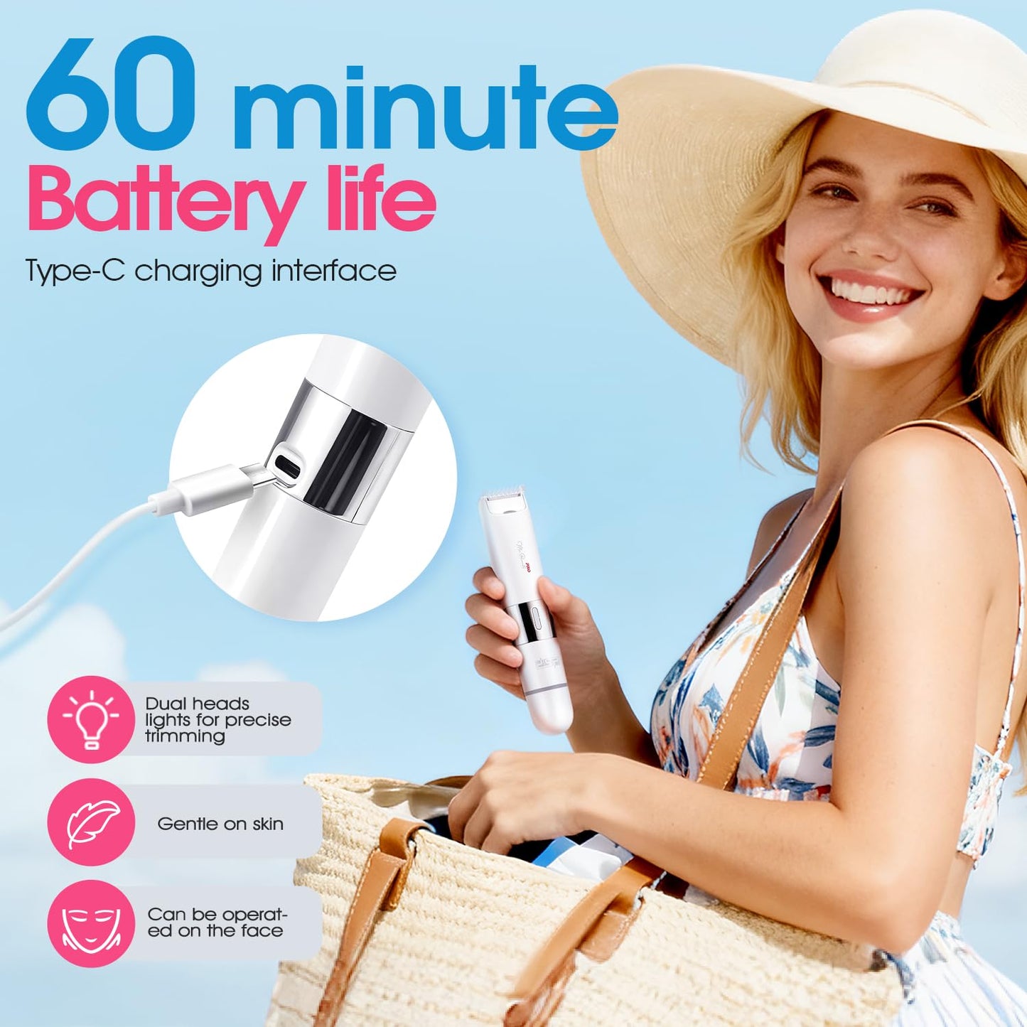 DSP Bikini Trimmer for Women, 2-in-1 Dual Head Electric Shaver for Pubic Hair & Body, Waterproof Painless Ladies Razor with Light, Underarm Leg Arm Face Trimmer