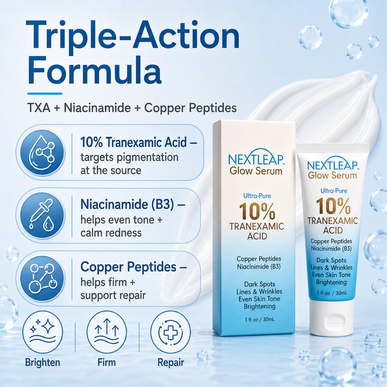 Tranexamic Acid Serum 10% (Ultra-Pure) with Niacinamide & Powerful Copper Peptides - Gentle Effective Cream for Dark Spots, Lines and Wrinkles, Uneven Skin Tone - 1 Fl Oz