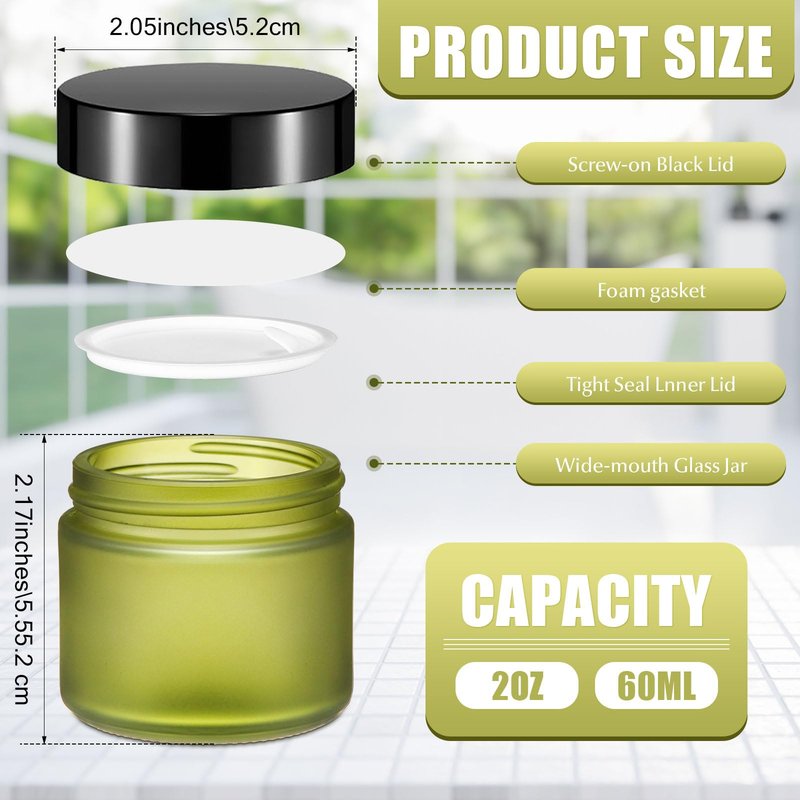 Domensi 32 Pcs 2 oz Glass Jars with Lids Travel Size Round Leakproof Empty Cosmetic Jars with Inner Liners Lid for Storing Makeup Lotions Face Cream Ointments DIY Making (Pea Green)
