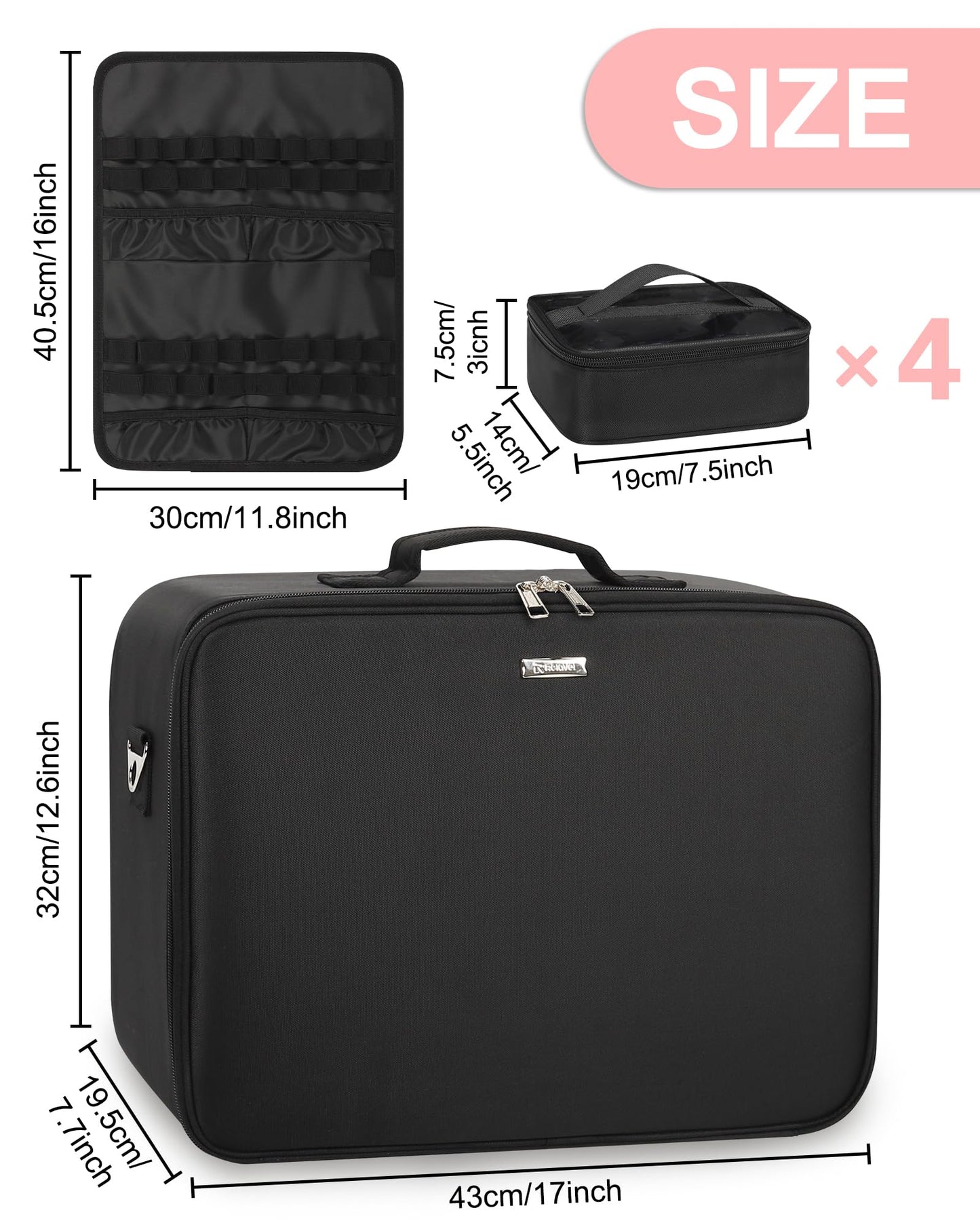 Relavel Extra Large Makeup Case Professional Cosmetic Storage Organizer Box Brush Holder with 4 Clear Set Bags & Lipstick Plate for Makeup Artists with Shoulder Strap & Adjustable Dividers