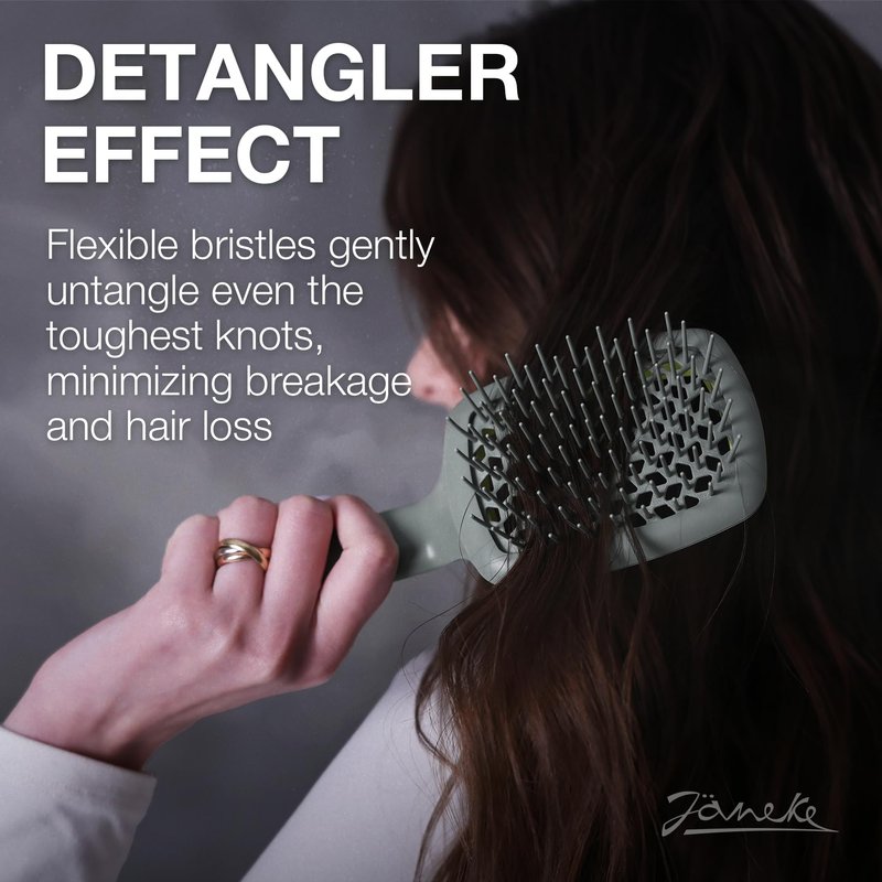 Janeke Curvy Hair Brush with Ergonomic Handle – Vented Brush for Blow Drying & Smoothing – Anti Static Detangler for Thick, Curly & Wet Hair (Green - Gray)
