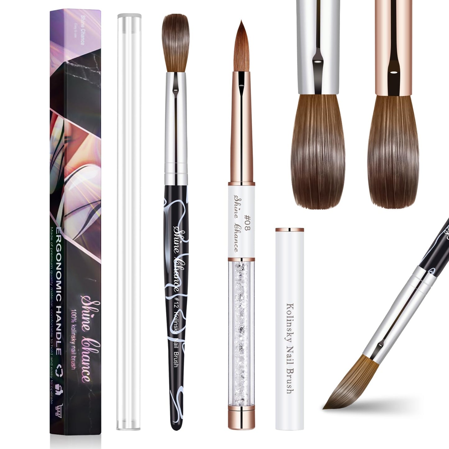 Shine Chance 2Pcs Acrylic Nail Art Brushes Size 8 12, 100% Pure Kolinsky Hair Oval Nail Brush for Acrylic Application, Professional Nail Extension Manicure Tool Striping Nail Drawing Pen for Home