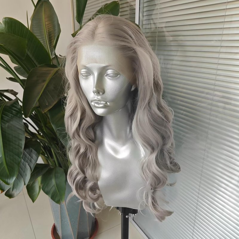 Long Body Wave Lace Front Wig - Sliver Grey Natural Wavy Heat Resistant Synthetic Hair | 24 Inch for Women & Girls