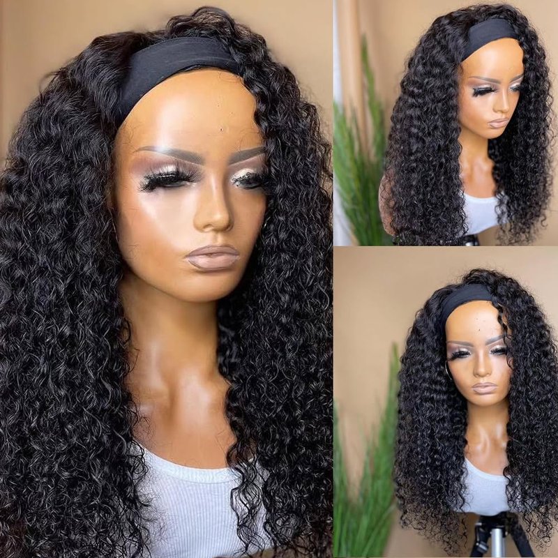 iesste Headband Wig Human Hair Deep Wave 12 Inch Curly Headband Half Wigs for Black Women 12A Brazilian Human Hair Wigs Glueless None Lace Front Wig Natural Color