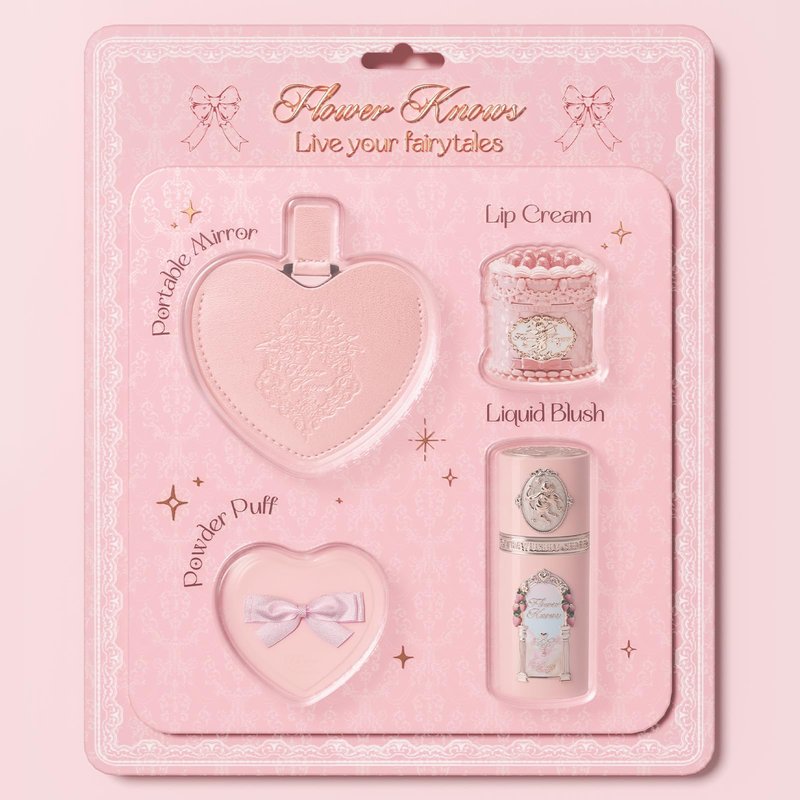 Flower Knows Strawberry Kiss Delight Set 4 Pieces Strawberry Cupid Makeup Gift Kit,Includes Lip Cream,Liquid Blush,Portable Mirror,Powder Puff,Portable Beauty for Women Girls
