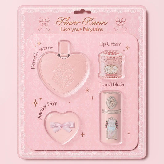 Flower Knows Strawberry Kiss Delight Set 4 Pieces Strawberry Cupid Makeup Gift Kit,Includes Lip Cream,Liquid Blush,Portable Mirror,Powder Puff,Portable Beauty for Women Girls