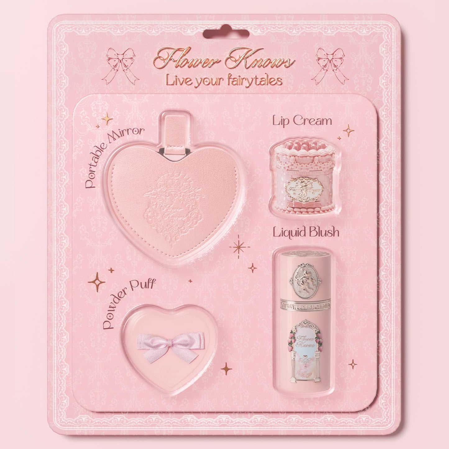Flower Knows Strawberry Kiss Delight Set 4 Pieces Strawberry Cupid Makeup Gift Kit,Includes Lip Cream,Liquid Blush,Portable Mirror,Powder Puff,Portable Beauty for Women Girls