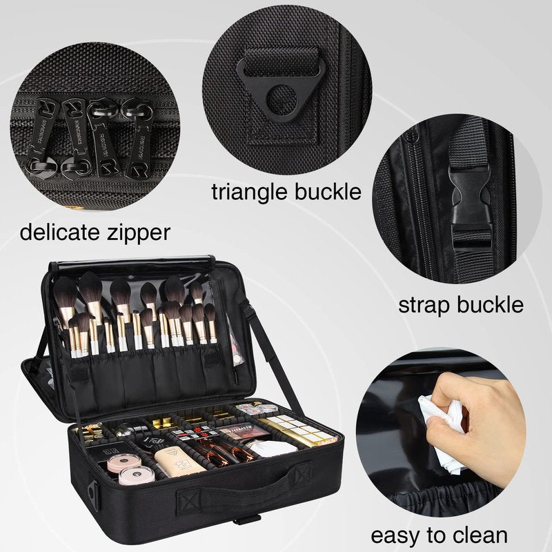 MONSTINA Travel Makeup Train Case,13.8 inches Large Cosmetic Case,Makeup Brush Holder Organizer and Storage with Adjustable Dividers and Shoulder Strap (Black)