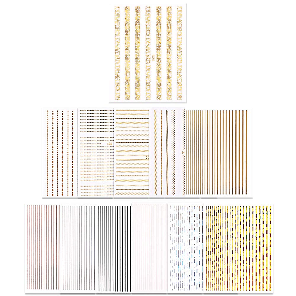 JAKSSO 12 Sheets 3D Metallic Nail Stickers for Women Gold Silver Nail Decals Chains Stripe Lines Adhesive Nail Art Stickers for Acrylic Nails Manicure DIY and Nail Salon