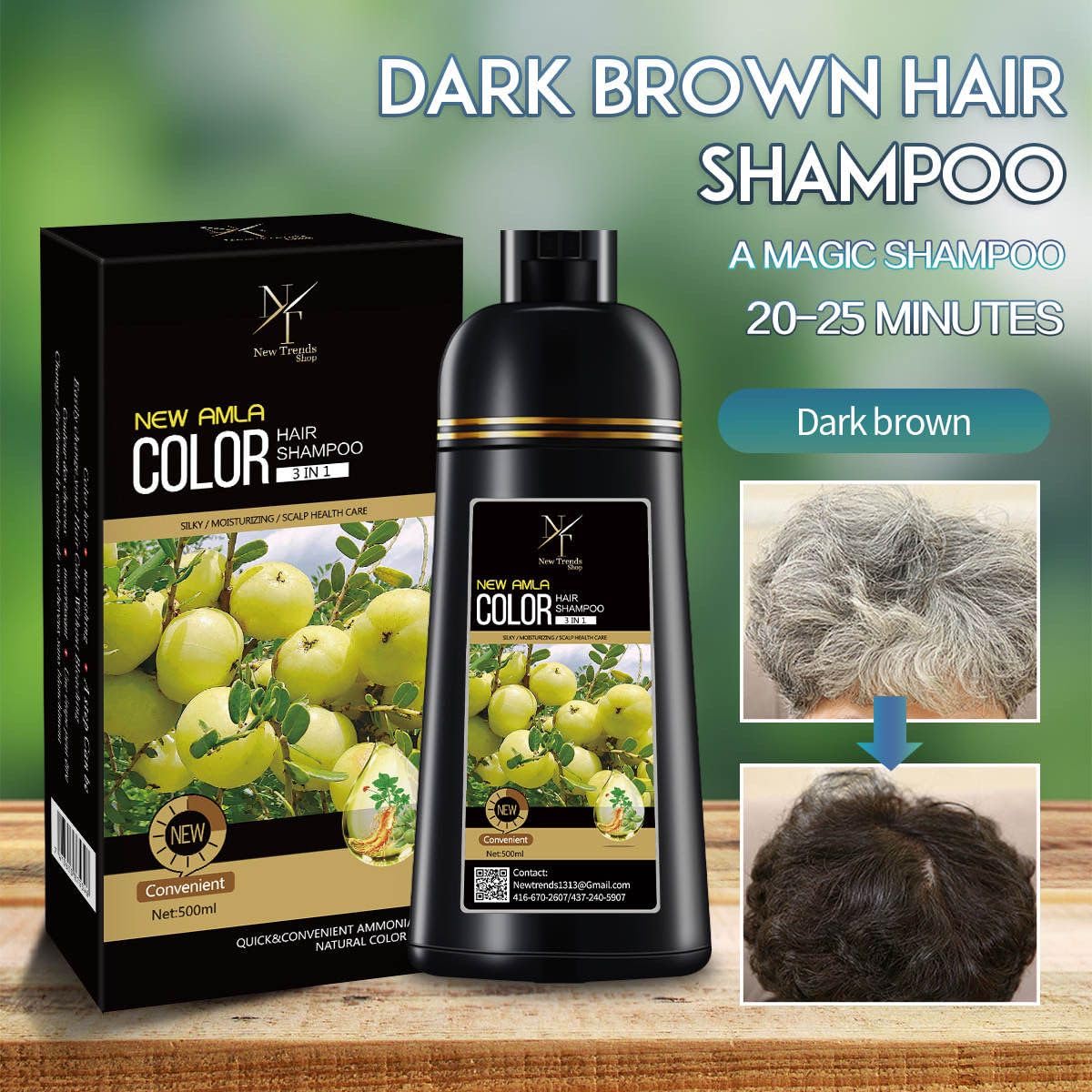 New Trends Hair Color Shampoo, Dark Brown - Instant Hair Color for Grey Hair, Ammonia Free, PPD Free, 16.9 Fl Oz (1 Bottle), Natural Henna, Herbs and Botanicals, Aloe Vera, Coconut Oil, Honey