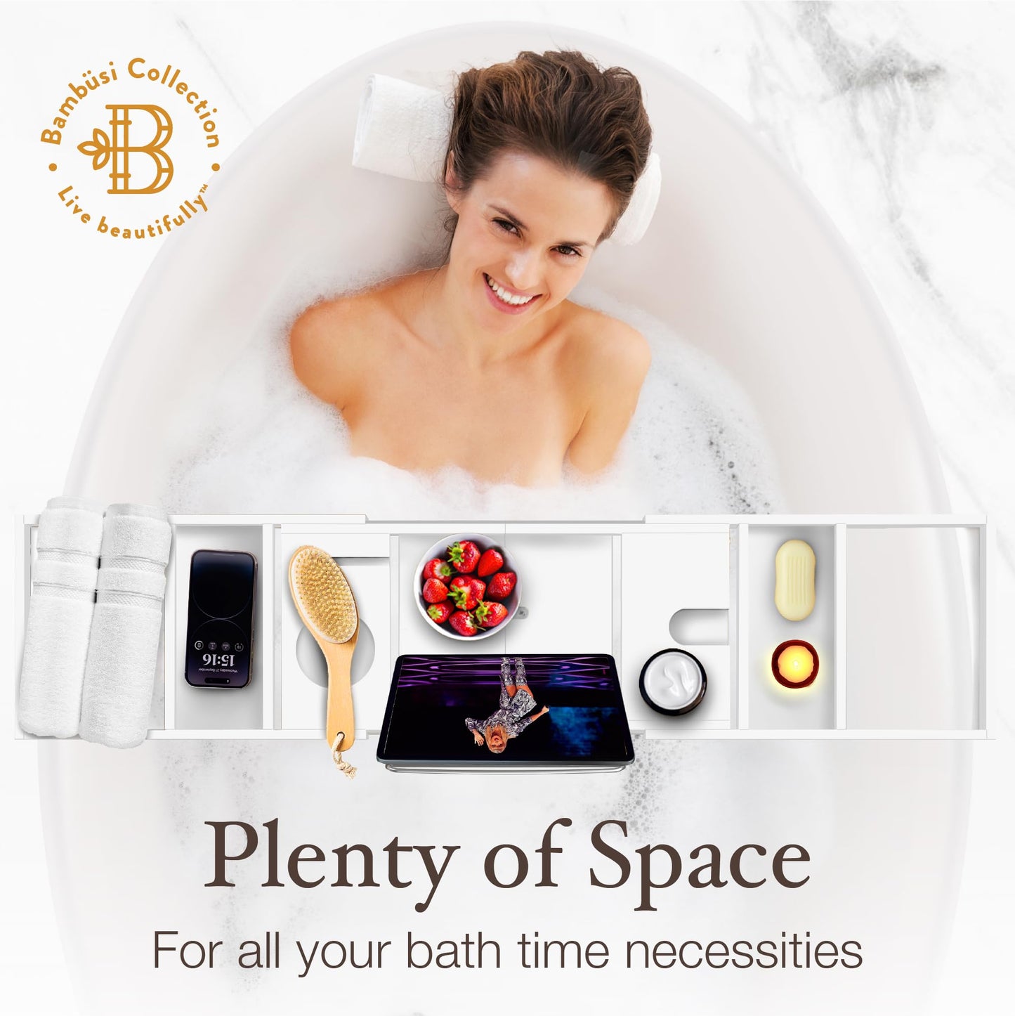 White Bathtub Tray for Tub - Bamboo Bath Tray, Expandable Wooden Bath Caddy Tray with Wine Holder, Book and Tablet Stand, Bathroom Accessories, Tub Table, Bridal Shower Gifts for Women