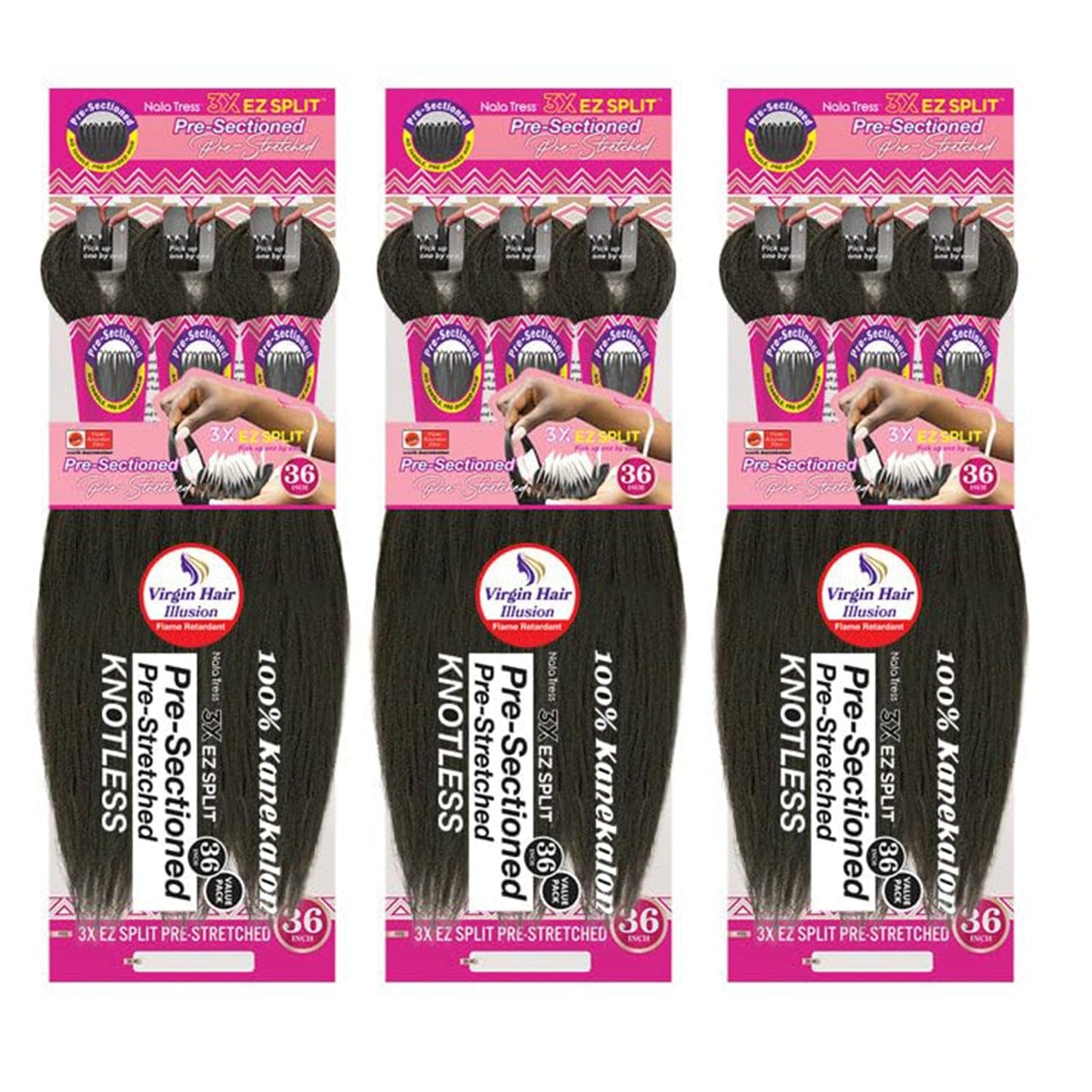 MULTI-PACK DEAL 3PACK! Janet Collection Nala Tress 3X EZ SPLIT Pre-Sectioned Pre-Stretched Braid Knotless Extremely light weight 36Inch 9Bundles (36”, COLOR #1B)