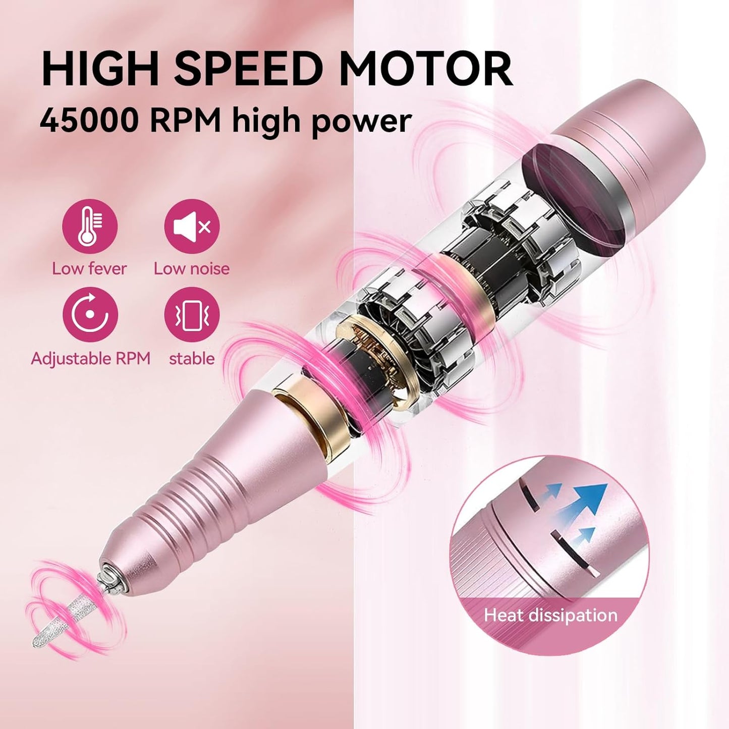 Portable Nail Drill - 45000RPM Electric File for Acrylic Nails | Cordless Rechargeable E-File with Bits & Base