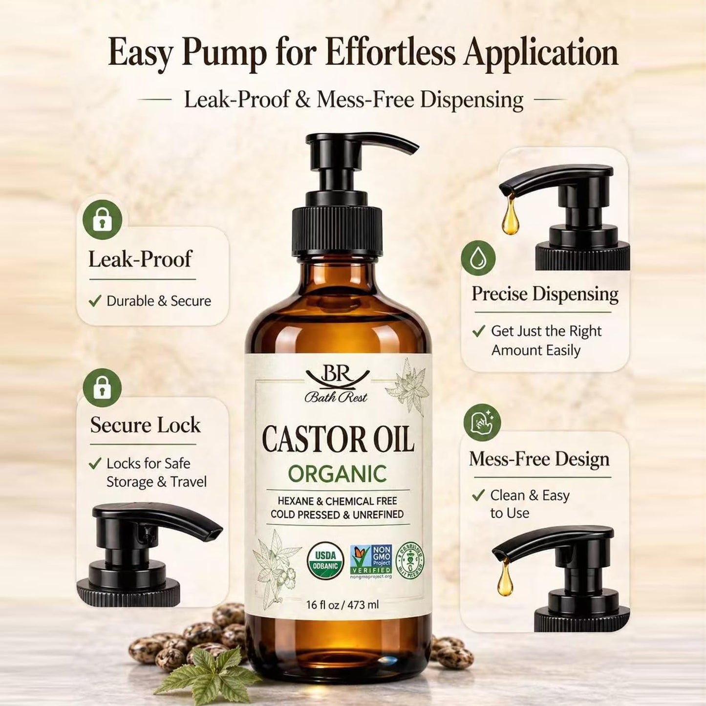 Bathrest Castor Oil Organic Cold Pressed Unrefined Glass Bottle 100% Pure for Hair Growth Eyelashes Brows Castor Oil Packs, Natural Skin Moisturizer, USDA Certified Hexane Free Vegan 16 oz (473ml)