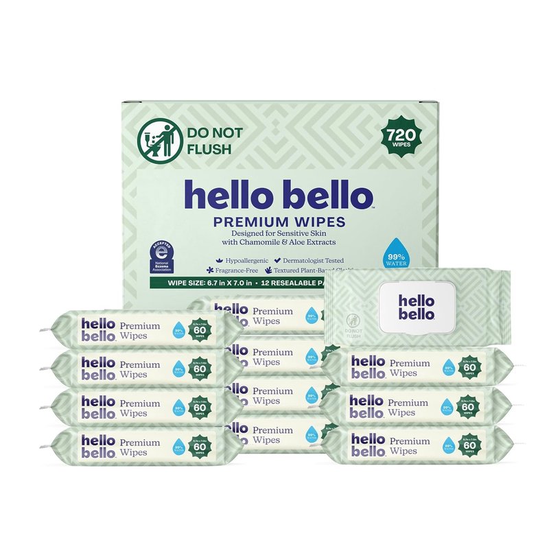 Hello Bello Premium Wipes - Sensitive Skin Formula with Chamomile & Aloe | 12 Resealable Packets (720 Total Wipes)