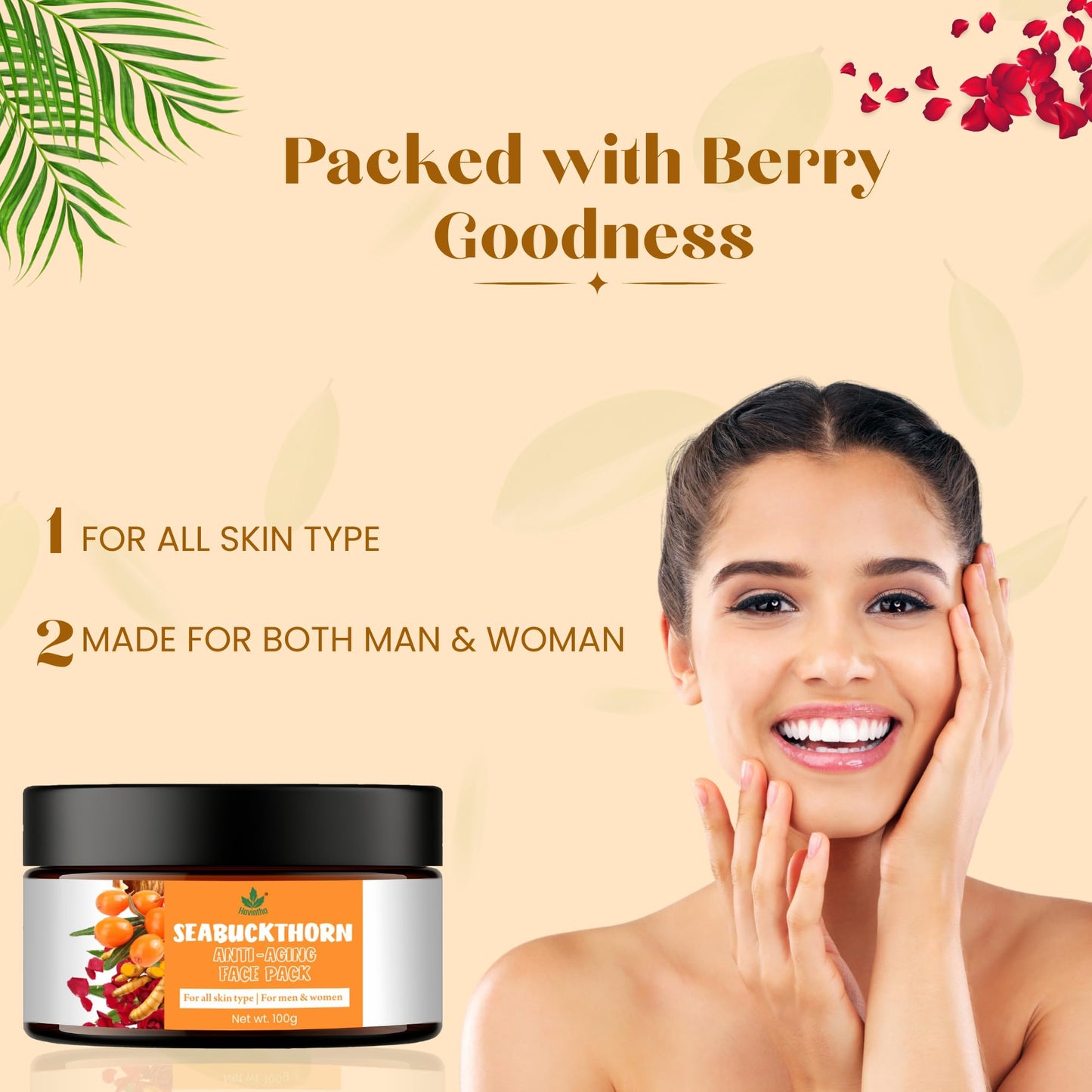 Havintha Sea Buckthorn Anti-Aging Face Pack | Natural Herbal Face Mask | Brightening Face Pack for Wrinkles, Fine Lines & Dark Spots - 100g