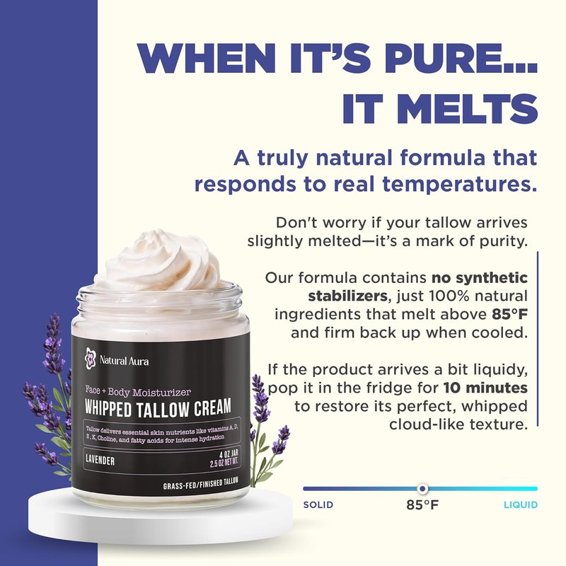 Whipped Beef Tallow Moisturizer - Natural Face & Body Balm | 100% Grass Fed Tallow & Honey - 4oz Lavender