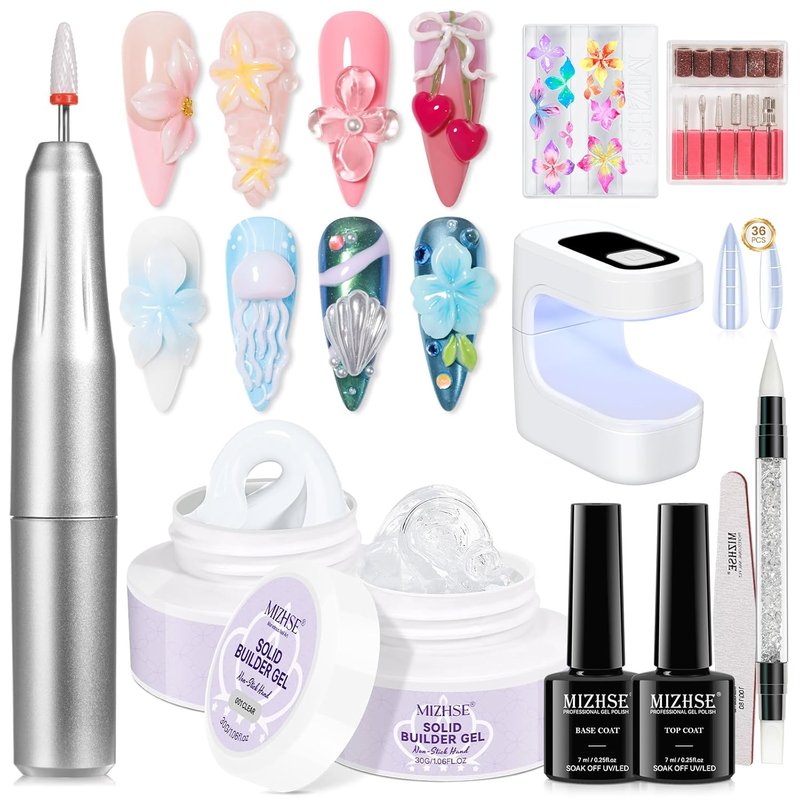 MIZHSE Solid Builder Nail Gel Kit - Clear White 3D Sculpting Gel with Nail Drill & UV Lamp for DIY Manicure