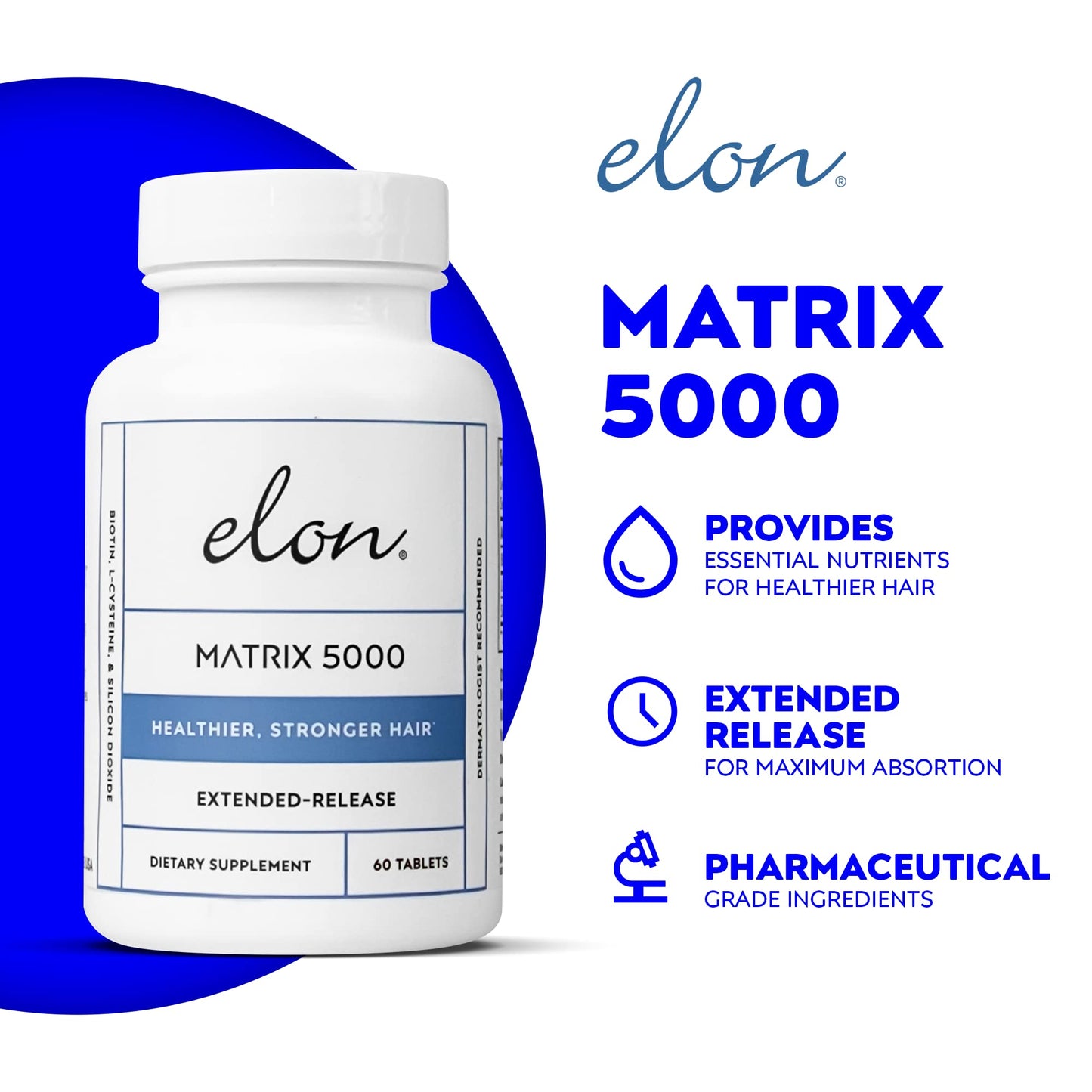 Elon Matrix 5000 - Biotin 5000mcg Vitamins for Hair Growth w/Extended Release - Promotes Healthy & Strong Hair & Nails - (60 Day Supply)