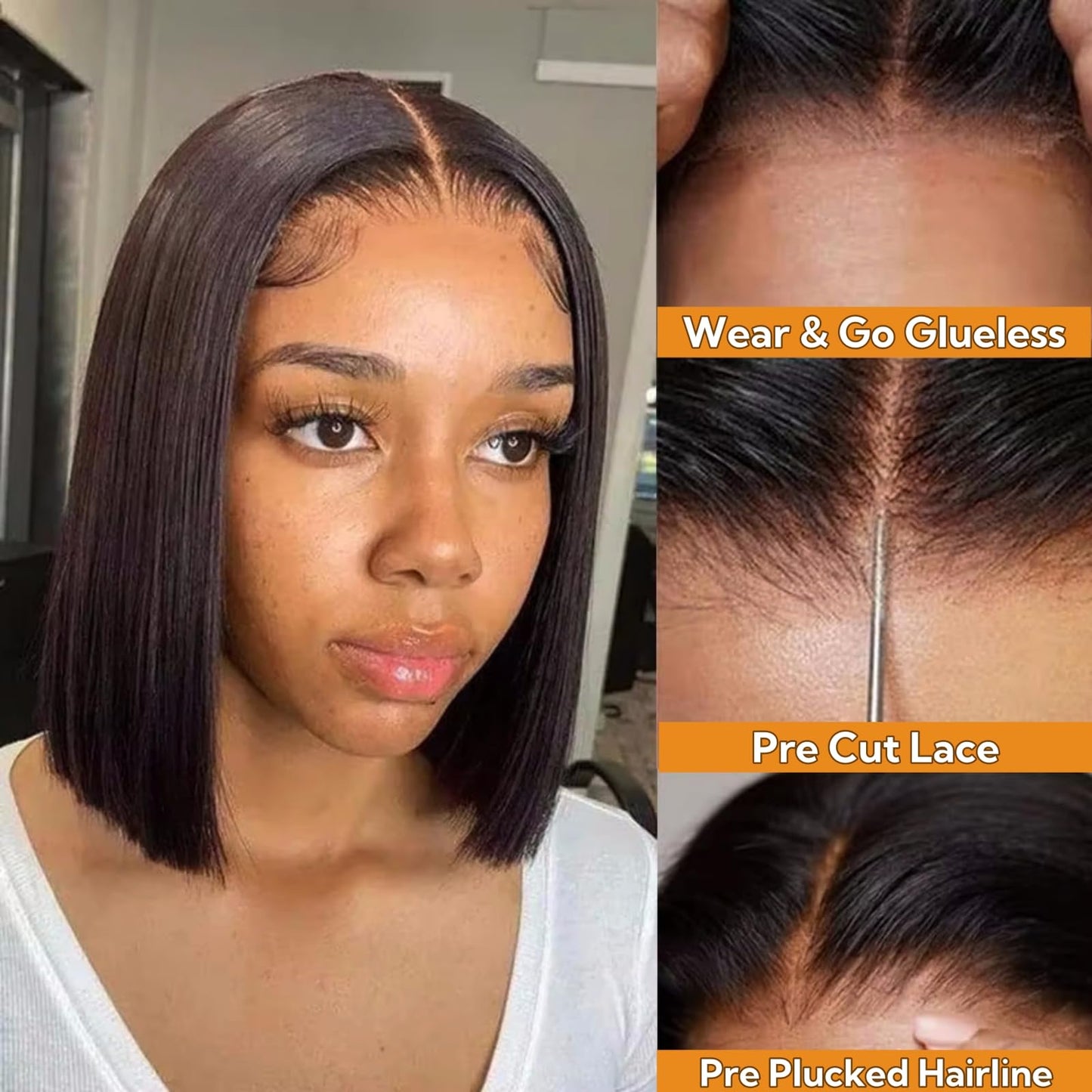 Keytac Bob Wig Human Hair Glueless Wear and Go Pre Plucked Pre Cut Straight Short Bob Lace Front Wigs for Women 5x5 Hd Lace Closure Wig 12 Inch Brazilian Virgin Hair 180% Density Natural Black