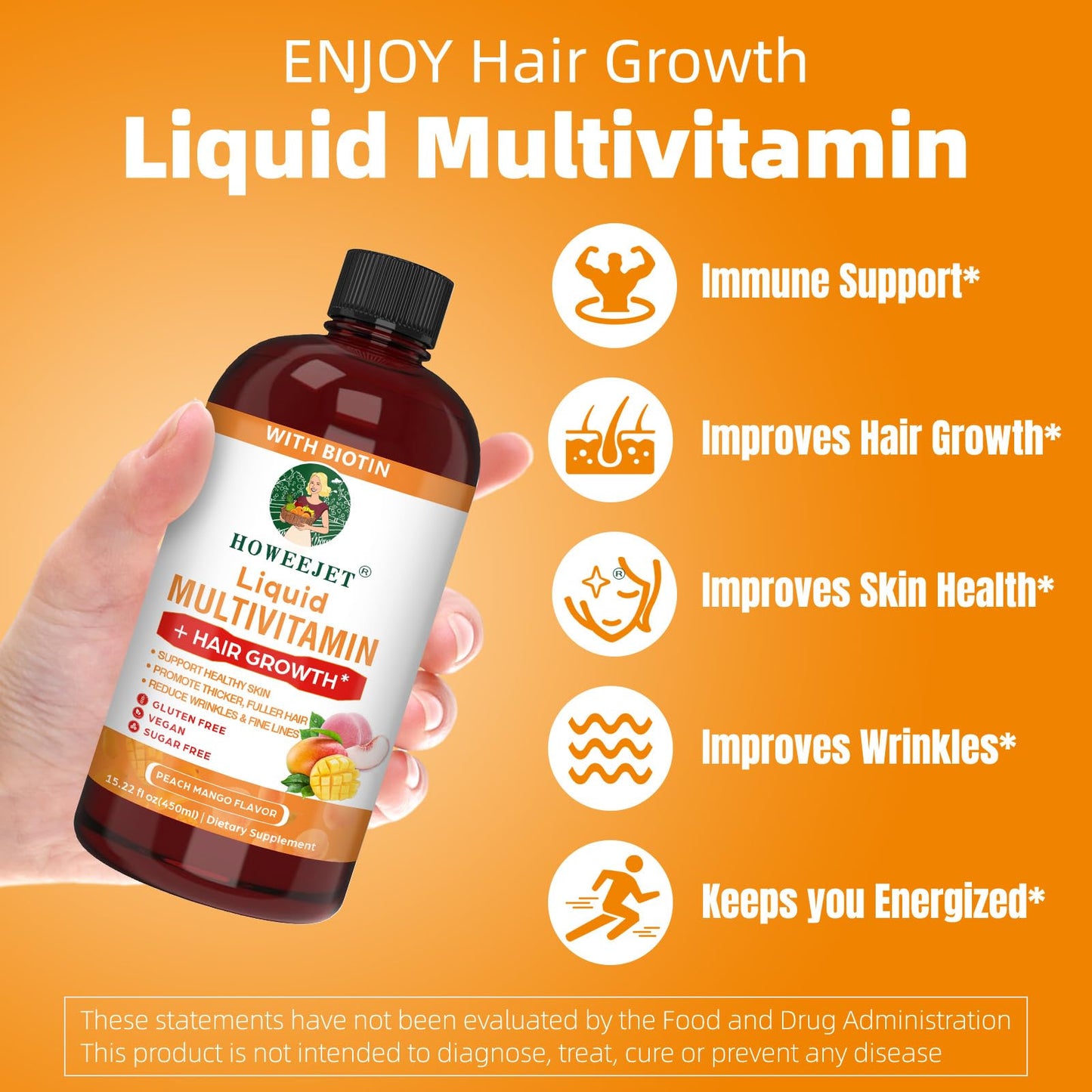 Liquid Multivitamin for Hair Growth | Biotin 10000mcg | Hair & Skin Support Supplement | Clinically Tested for Thicker Hair & Skin Elasticity | Suitable for Women & Men, Ages 18+ | 15.22 Fl Oz (1)