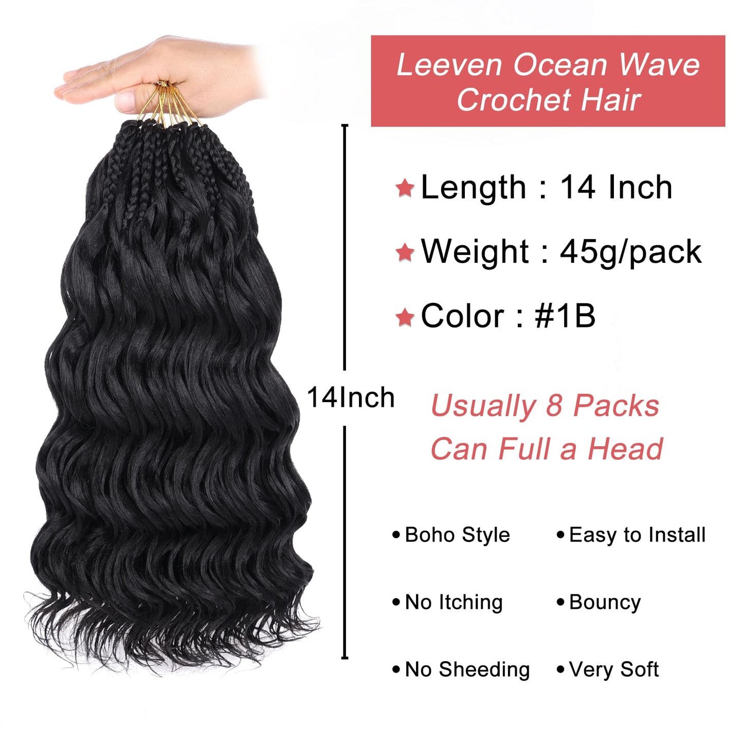 Leeven 14 Inch Pre Looped Ocean Wave Crochet Hair 8 Packs Black Short Curly Crochet Hair Boho Ocean Braids Pre Twisted Synthetic Deep Wavy Crochet Braids for Women