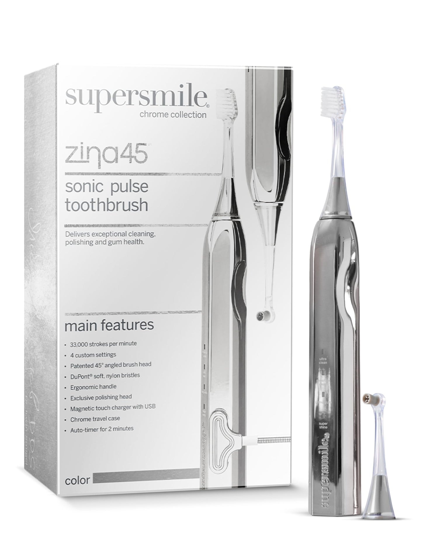 Supersmile Zina45 Deluxe Sonic Pulse Toothbrush, Silver, Rechargeable