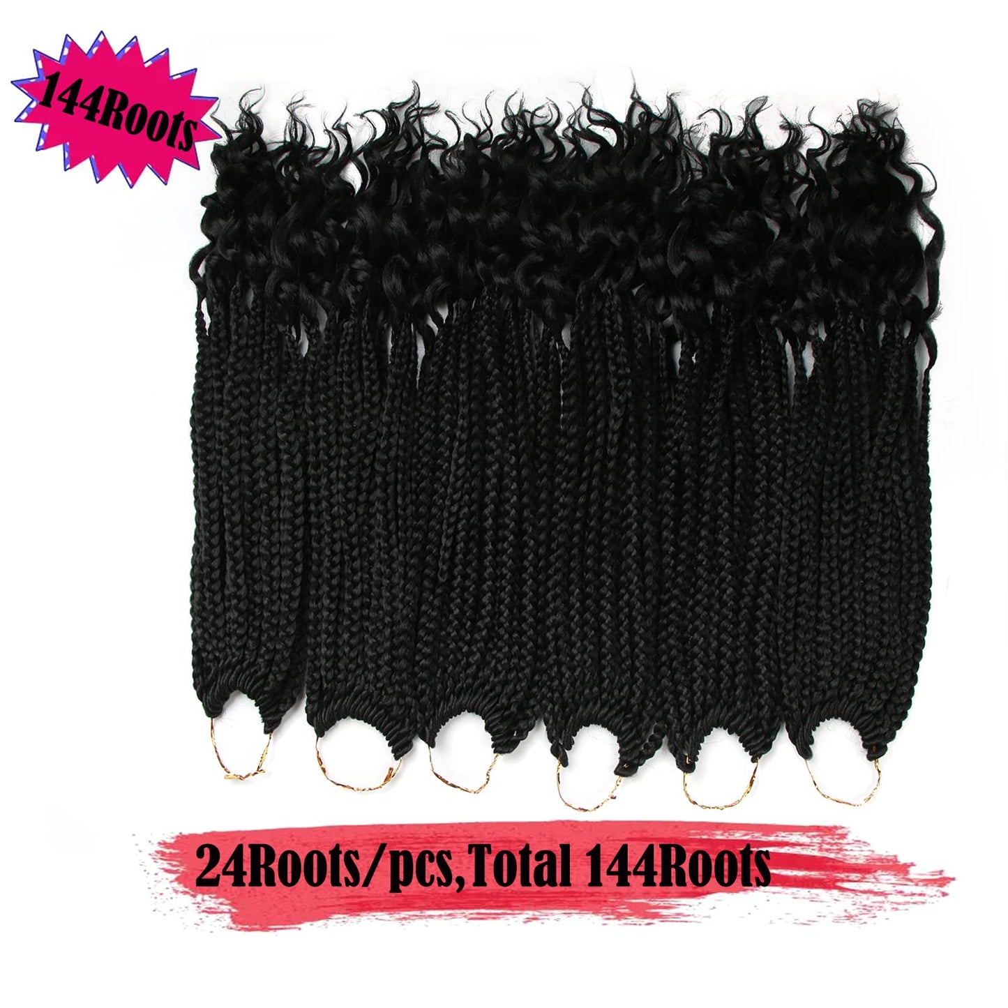 Crochet Box Braids - 14-Inch Pre-Looped Black Braid Hair Extensions with Curly Ends | 144 Roots per Pack, 24 Strands per Piece