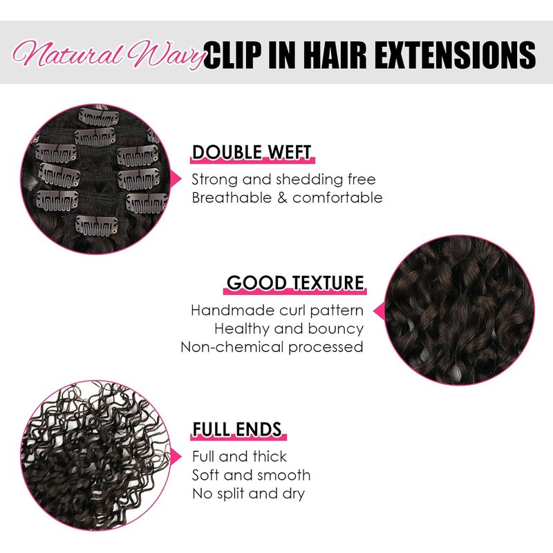 Natural Wavy Clip-In Hair Extensions - Remy Human Hair, Dark Brown | 18 Inch, 120g, Double Weft