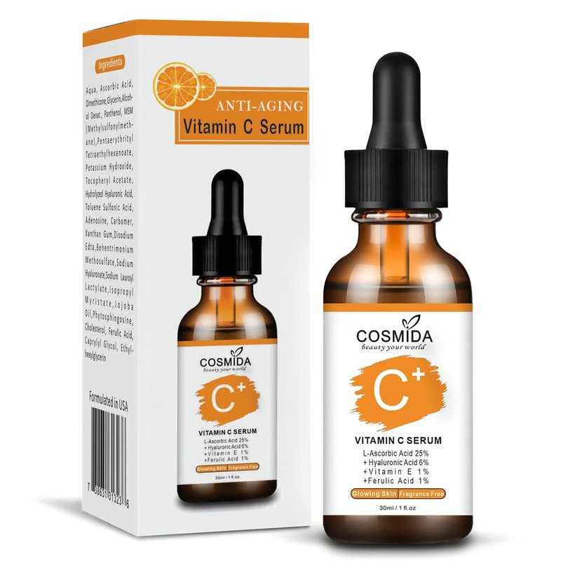 Cosmida Vitamin C Face Serum with Hyaluronic Acid,Anti Aging Skin Brightening Serum for Dark Spots,Acne,Wrinkles to Visibly Glow,Korean Skin care Ferulic Acid serum for Sensitive Skin