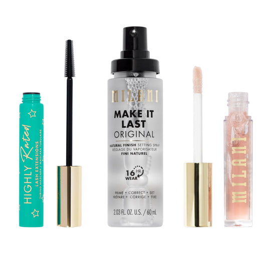 Milani Highly Rated Lash Extensions Tubing Mascara for Added Length and Lift + Keep It Full Maxxx Balmshell Lip Plumping Balm - Balmshell + Make It Last Original - Natural Finish Setting Spray 3-in-1