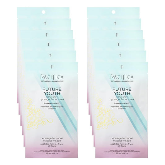Pacifica Future Youth Time Shift Hydrogel Facial Mask - 12-PACK - Multi-Peptide Anti-Aging Sheet Mask for Firming & Plumping, Ultra-Hydrating Serum-Infused Mask for Face & Neck, 100% Vegan