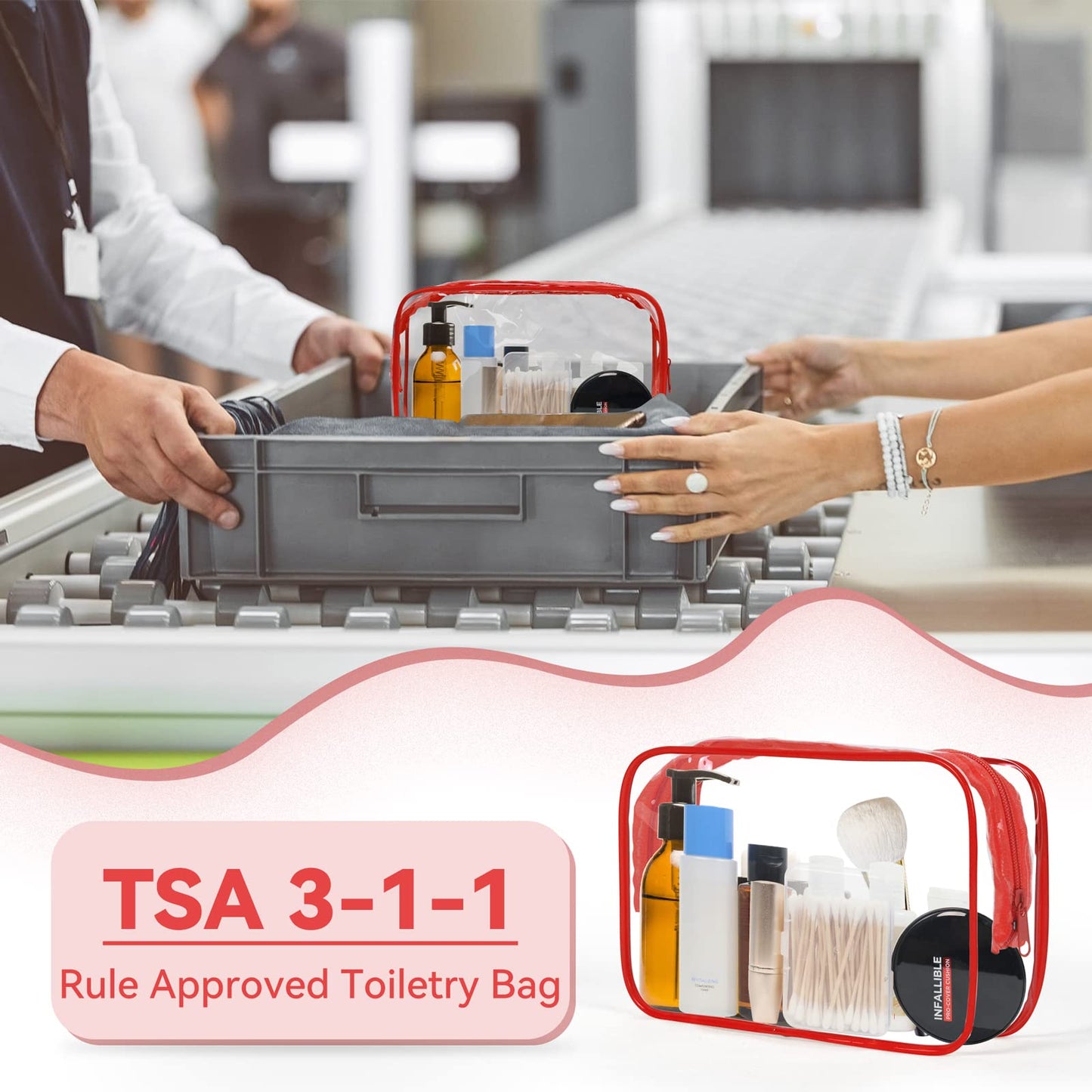TISRATOK 12 PCS Clear Makeup Bag for Women with Zipper, TSA Approved Toiletry Pouch, Cosmetic Bag Bulk for Travel Organizer Essentials - Red, Medium
