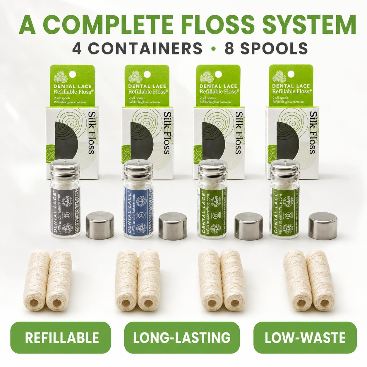 Dental Lace Refillable Silk Dental Floss Mint & Waxed PFAS Free 4 Pack