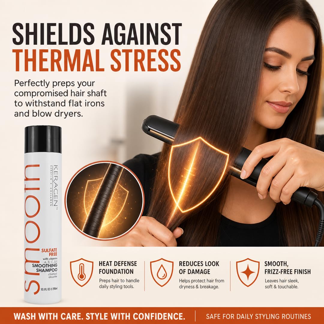 KERAGEN Sulfate-Free Smoothing Shampoo – Dual-Protein Formula for Color-Treated & Damaged Hair | Frizz Control, Heat Protection | Professional & At-Home Use | Made in USA | 10 oz