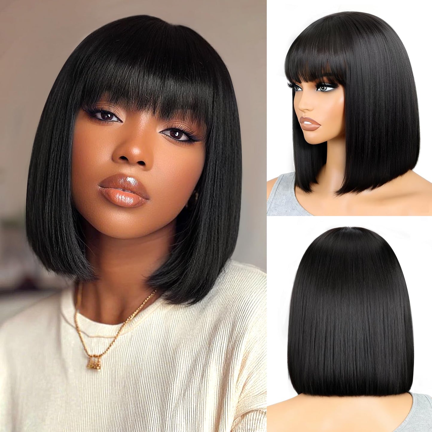 Xinjiju Black Bob Wigs Human Hair Short Wig with Bangs Straight Wigs Human Hair Glueless Wear and Go 150% Density Wigs for Women Daily Use 10Inch