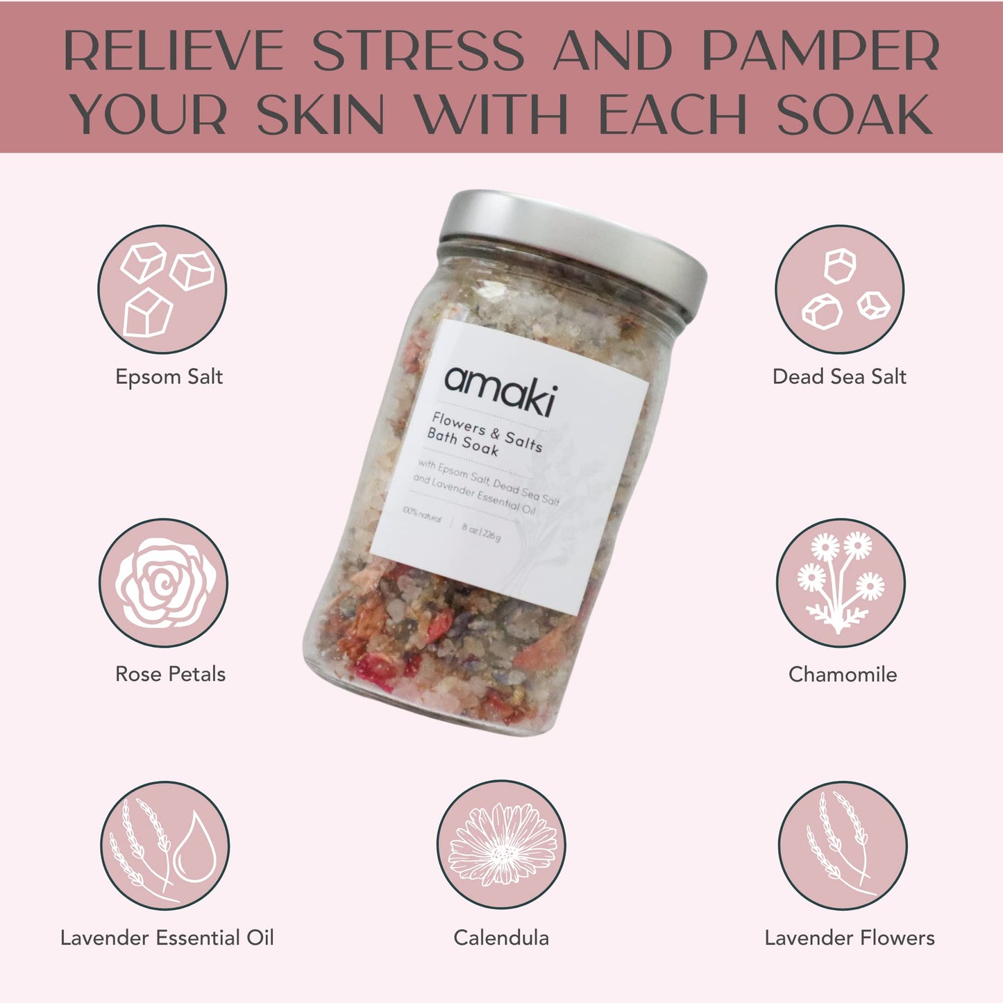 Amaki Herbal Bath Soak Blend of Epsom and Dead Sea Salt Infused with Lavender Essential Oil - for Stress Relief, Reduce Sore Muscle, Skin Soothing - Luxury Gift Set of 2, 8 Ounces Jars