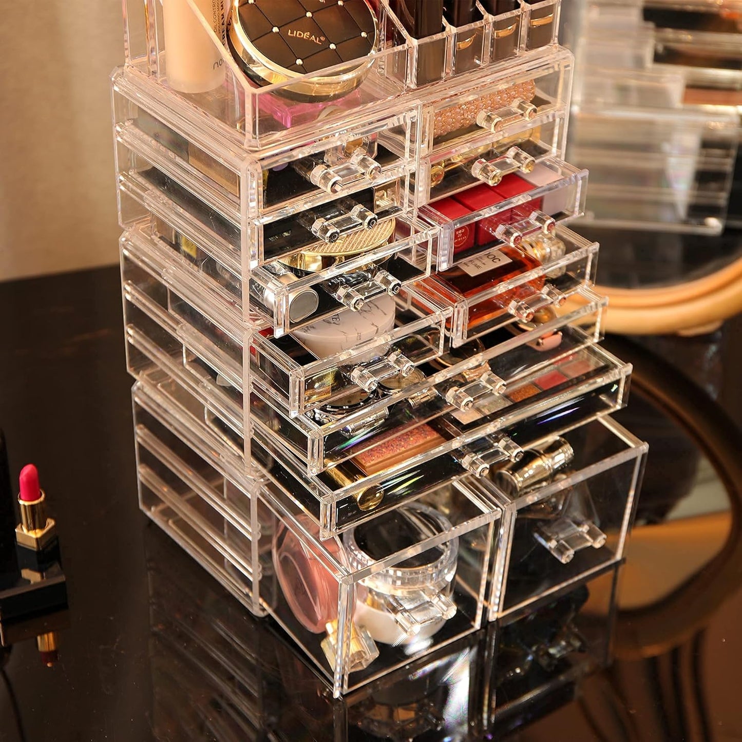 Clear Acrylic Makeup Organizer - 4 Pack Stackable 12 Drawer Skincare Storage | Cute Vanity Organizer for Hair Clips, Jewelry & Beauty Products