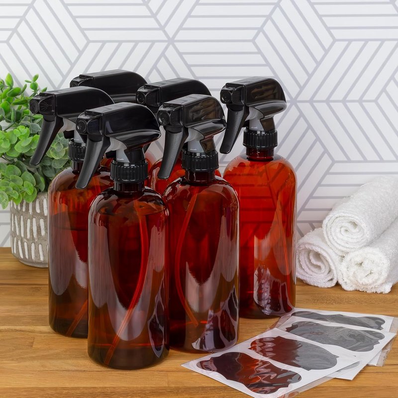 Amber Plastic Spray Bottles - 16oz Heavy Duty Mist & Stream Sprayers | 6-Pack with Chalkboard Labels, BPA-Free