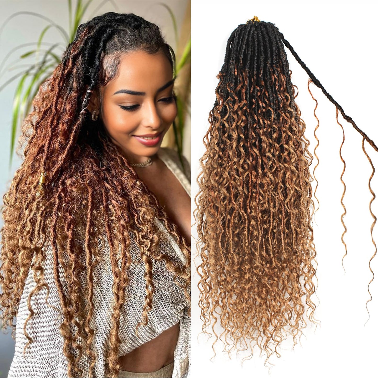 Haftaluv Boho Faux Locs Crochet Hair 9 Packs Long Goddess locs 24 Inch Boho Soft Locs With Curly Ends Pre Looped Bohemian River Loc Crochet Hair For Women (24 inch,1B/30/27)