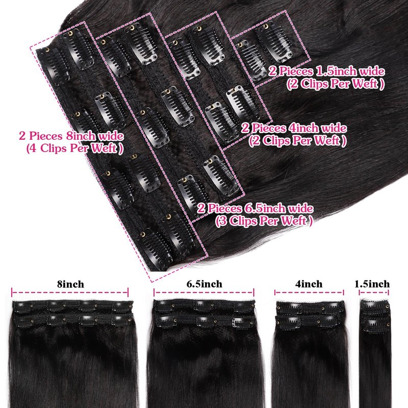 18inch Light Yaki Straight Clip ins, 120G Full Head Real 100% Human Hair Clips for Women Seamless Yaki Clip in Hair Extensions for Thin Hair Natural Black 8Pcs Hair Pieces with Secure Clips