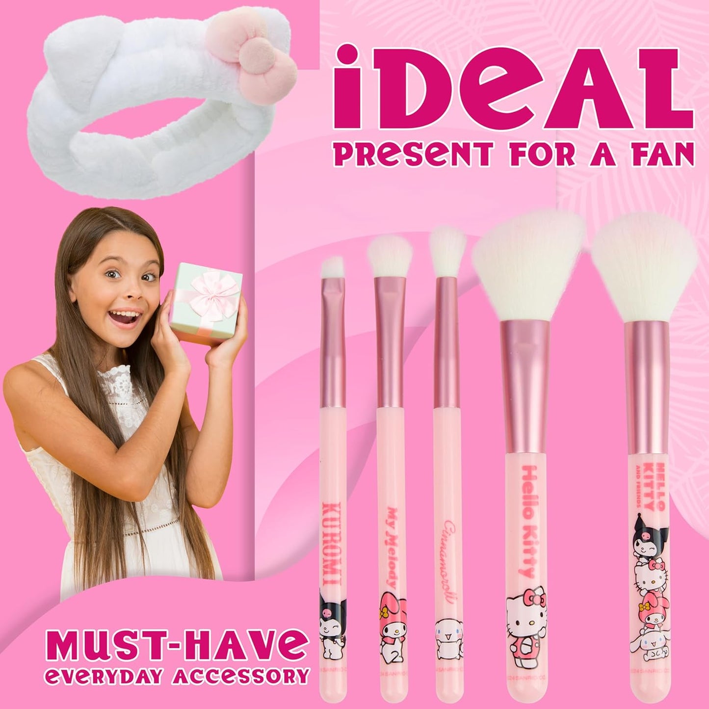 Hello Kitty Makeup Brush Set - 5 Kawaii Fluffy Brushes for Teens & Women | Cute Anime Gift Set