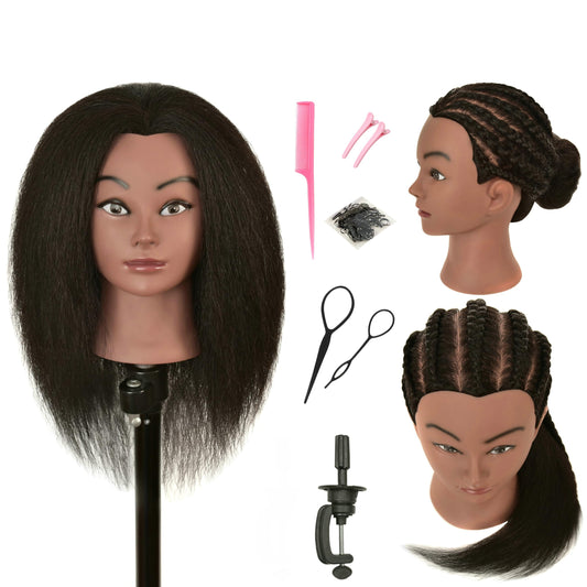 RIHANNAHAIR Kinky Curly Mannequin Head 100% Real Human Hair Manikin Doll Style Head with Stand for African American Practice Braiding Styling Updos Cosmetology Barber Training
