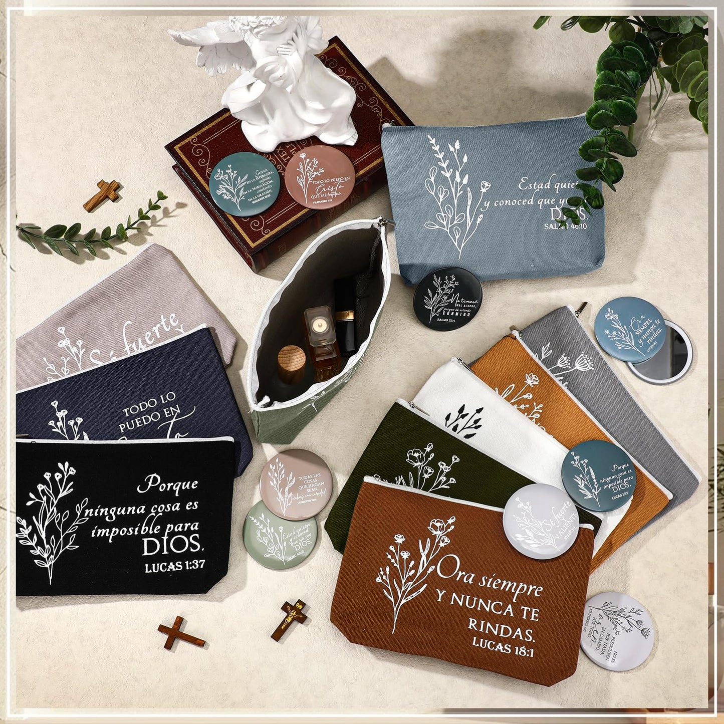 Kacctyen 20 Sets Spanish Christian Gifts for Women Bulk Bible Verse Makeup Bags Compact Mirror Regalos Cristianos Para Mujer En Español Canvas for Church Articulos Religiosos Catolicos (Boho Color)