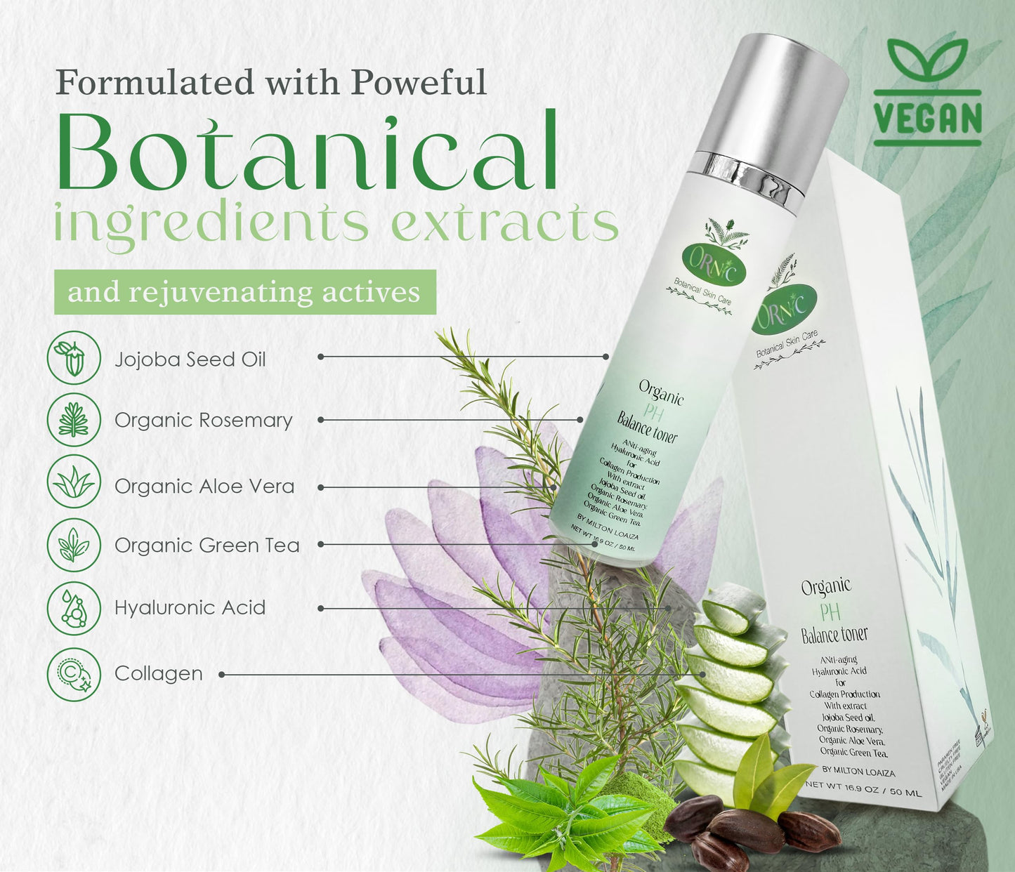 Ornic Botanical Skin Care - Organic Facial Toner with Hyaluronic Acid, Collagen, Rosemary & Aloe Vera - Natural Face Care for Hydration & Balance - Vegan & Cruelty-Free - 1.69 oz (50 ml)