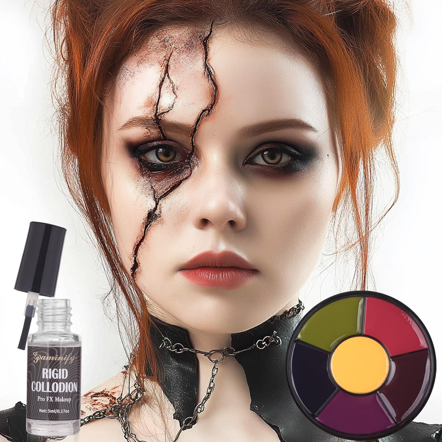 Paminify Fake Scar Bruise Makeup Kit,6 Color Bruise Wheel Body Paint and Rigid Collodion with Brush, Halloween Special Effects Makeup Kit with 2 White Sponges,Hunting Camo Face Paint