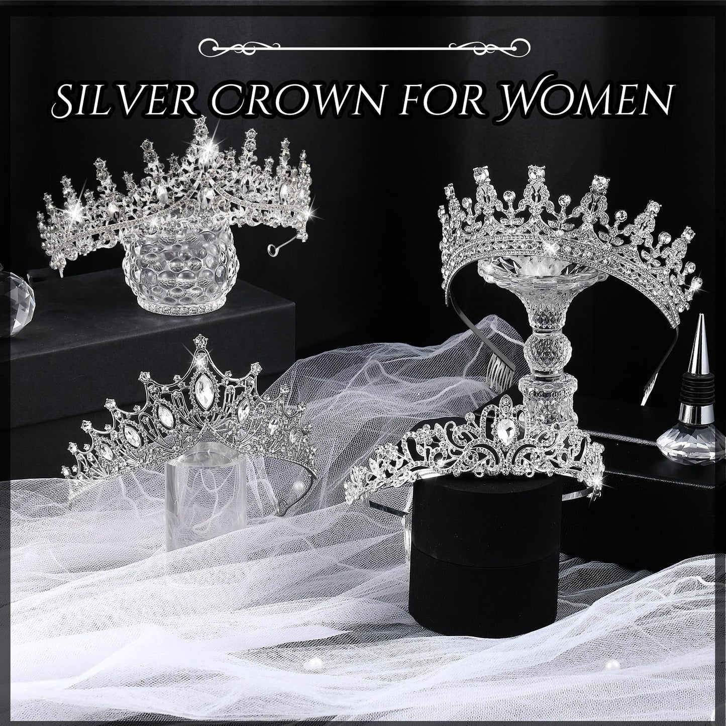 Kigeli 4 Pack Queen Crowns for Women Pageant Crown with Combs Princess Rhinestones Tiara Headband Prom Tiara for Quinceanera Birthday Cosplay Wedding(Silver)