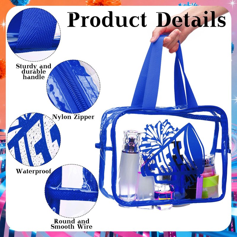 Kacctyen 12 Pcs Cheer Large Clear Toiletry Cosmetic Makeup Bag with Zipper and Handle Cheer Snack Bag Bulk for Team 12 x 9 x 4 Gift Bags Tote Pouch Cheerleading Teammates Party Supplies(Blue)